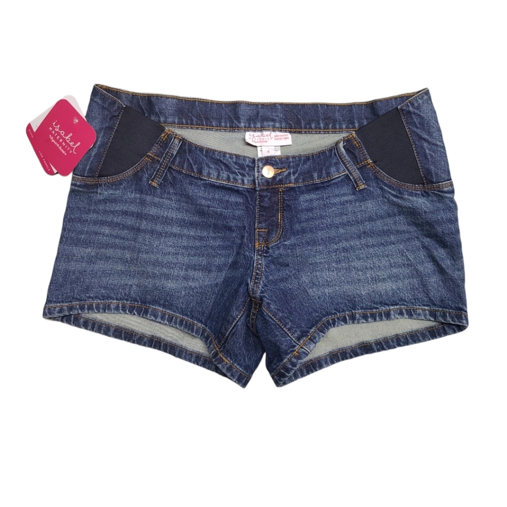 ISABEL MATERNITY SHORTS WOMEN 4 MIDI SHORT BLUE DENIM EXPANDABLE SIDE PANEL NEW